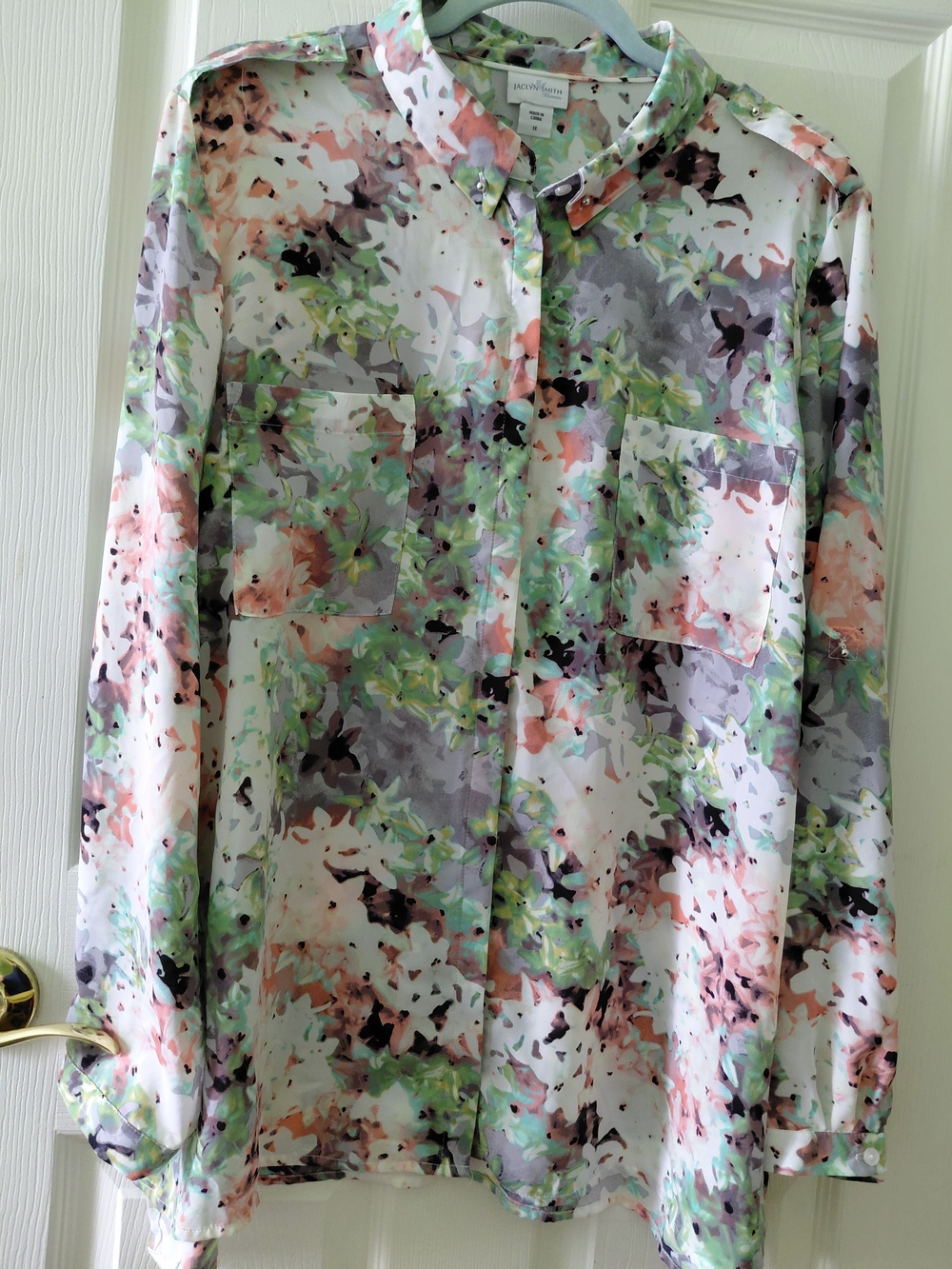 Jaclyn Smith Floral Watercolor Button-Down Shirt - White, Green, Pink, Gray